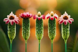 four pink flowers are standing in front of a green background. AI-Generated photo