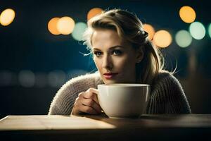 a woman is sitting at a table with a cup of coffee. AI-Generated photo