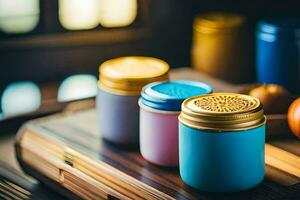 colorful jars on a wooden table. AI-Generated photo