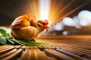 a chicken is sitting on a bamboo mat with a leaf. AI-Generated photo