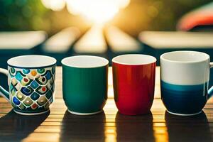 Tres diferente de colores café tazas en un mesa. generado por ai foto
