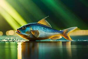 a fish is sitting on the water with bright lights. AI-Generated photo