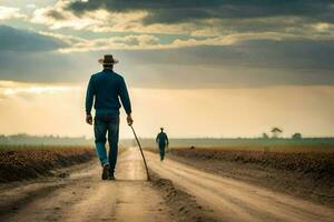 a man walking down a dirt road with a stick. AI-Generated photo