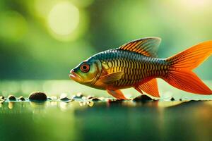 a fish is standing on the water with a green background. AI-Generated photo