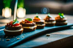 small appetizers on a black tray. AI-Generated photo