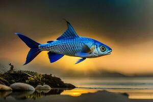 a blue fish is flying over the water at sunset. AI-Generated photo