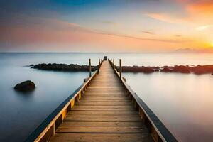 a long exposure photo of a wooden pier in the ocean. AI-Generated