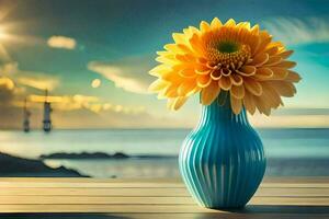 a yellow flower in a blue vase on a wooden table. AI-Generated photo