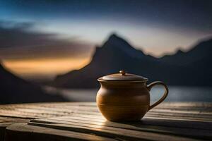 a coffee pot sits on a table in front of a mountain. AI-Generated photo