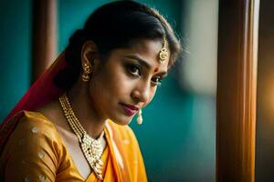 a beautiful indian bride in a yellow sari. AI-Generated photo