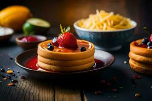 pancakes with strawberries and blueberries on a plate. AI-Generated photo