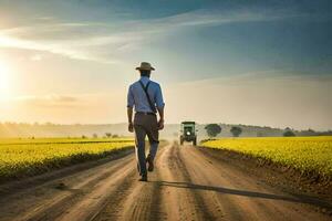 un hombre caminando abajo un suciedad la carretera con un tractor. generado por ai foto