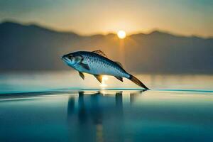 un pescado saltando fuera de el agua a puesta de sol. generado por ai foto