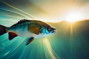 a fish swimming in the water with the sun in the background. AI-Generated photo