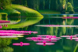 rosado loto flores en un lago con verde arboles generado por ai foto