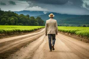 a man in a suit and hat walking down a dirt road. AI-Generated photo