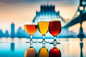 three glasses of beer on a table with a city skyline in the background. AI-Generated photo