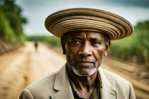 a man wearing a hat on a dirt road. AI-Generated photo