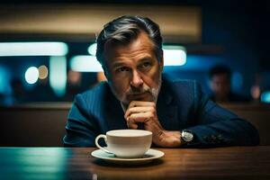 a man in a suit sits at a table with a cup of coffee. AI-Generated photo