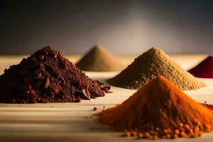 a variety of spices are shown on a wooden table. AI-Generated photo