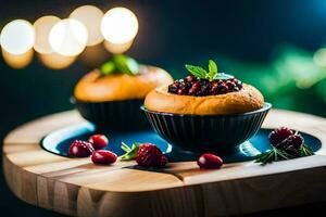 two muffins with berries on a wooden tray. AI-Generated photo