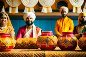 a group of people in traditional indian clothing sitting around a table with pots. AI-Generated photo