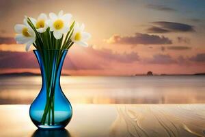 a vase with flowers on a table in front of the ocean. AI-Generated photo