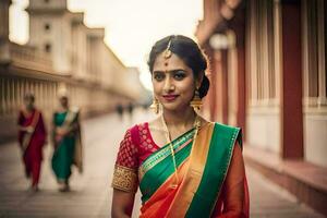 a beautiful indian woman in a colorful sari. AI-Generated photo