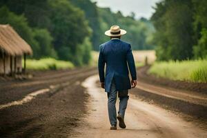 a man in a suit and hat walks down a dirt road. AI-Generated photo