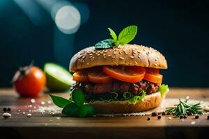 un hamburguesa con Tomates y hierbas en un de madera mesa. generado por ai foto