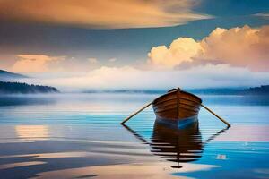 a boat on the lake with a sky and clouds. AI-Generated photo