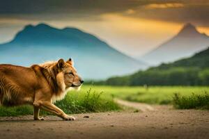 a lion walking on a road in front of mountains. AI-Generated photo