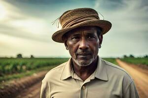 a man in a hat standing in a field. AI-Generated photo