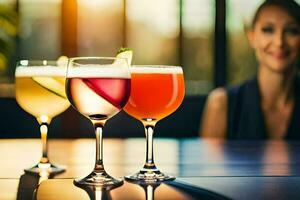 three glasses of different drinks on a table. AI-Generated photo