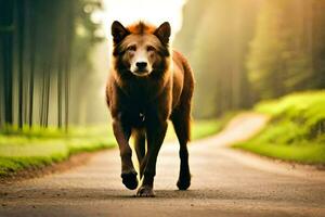 a brown dog walking down a road in the forest. AI-Generated photo