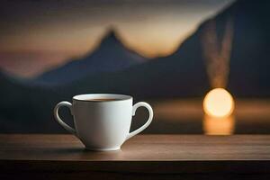 a cup of coffee on a table in front of a mountain. AI-Generated photo