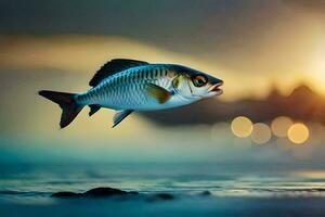 a fish is flying over the water at sunset. AI-Generated photo