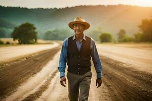 un hombre en un sombrero y chaleco caminando abajo un suciedad la carretera. generado por ai foto