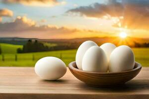 eggs in a bowl on a table. AI-Generated photo