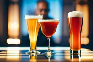 three different types of beer are shown on a table. AI-Generated photo