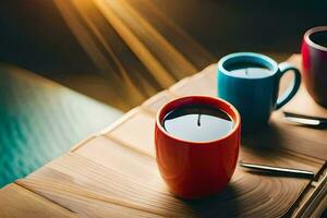 three coffee cups sit on a wooden table. AI-Generated photo