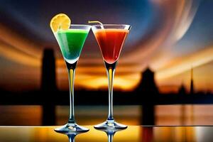 two cocktails with colorful drinks on a table. AI-Generated photo