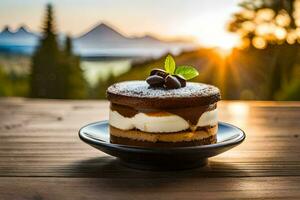 a dessert on a plate with mountains in the background. AI-Generated photo