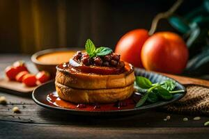 a plate with a pastry topped with tomato sauce. AI-Generated photo