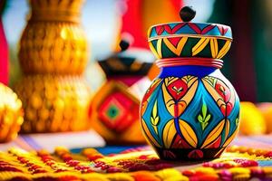 colorful vases on a table with colorful decorations. AI-Generated photo