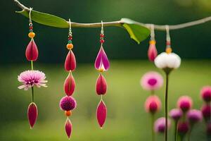 a flower is hanging from a branch with earrings. AI-Generated photo