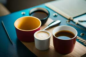 un mesa con café tazas y un cuaderno. generado por ai foto