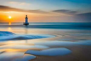 a lighthouse stands on the beach at sunset. AI-Generated photo