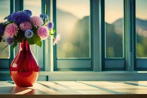 a red vase with purple flowers sitting on a window sill. AI-Generated photo