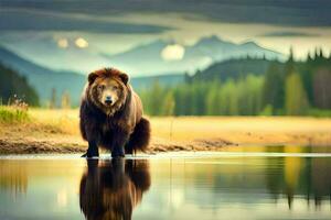 a brown bear standing in the water near a mountain. AI-Generated photo